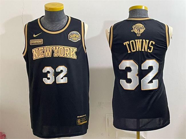 Men's New Yok Knicks #32 Karl-Anthony Towns Black Gold 2026 Finals & Eastern Conference Champions Patch Stitched Jersey